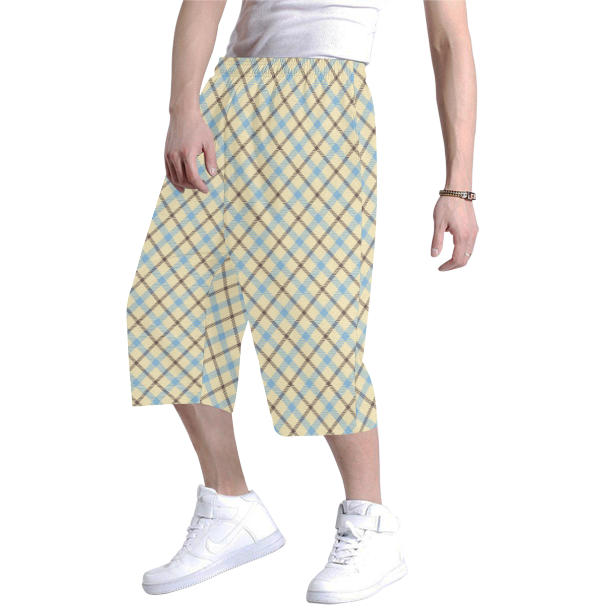 plaid tartan in cream, brown and baby blue Men's All Over Print Baggy Shorts (Model L37)