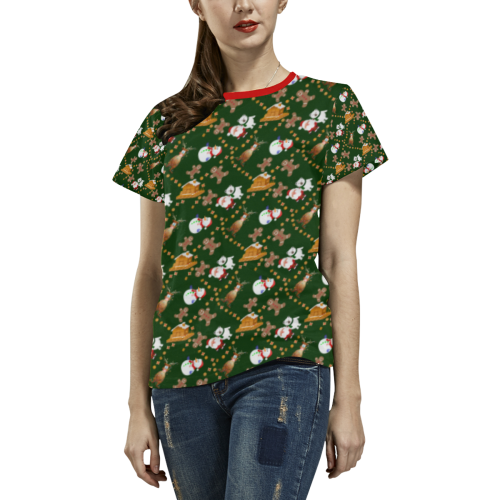 Christmas Gingerbread, Snowman, Reindeer and Santa Claus Green All Over Print T-shirt for Women/Large Size (USA Size) (Model T40)