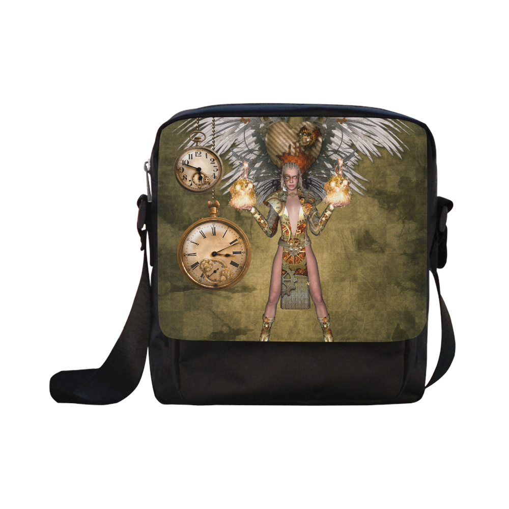 Steampunk lady with clocks and gears Crossbody Nylon Bags (Model 1633)