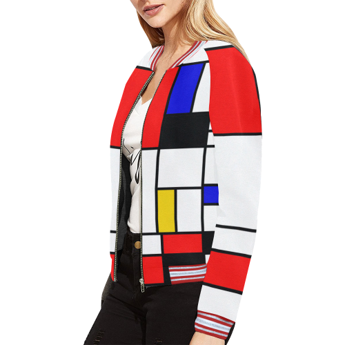 Bauhouse Composition Mondrian Style All Over Print Bomber Jacket for Women (Model H21)
