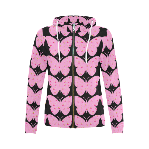 Butterflies Abstract Pink All Over Print Full Zip Hoodie for Women (Model H14)
