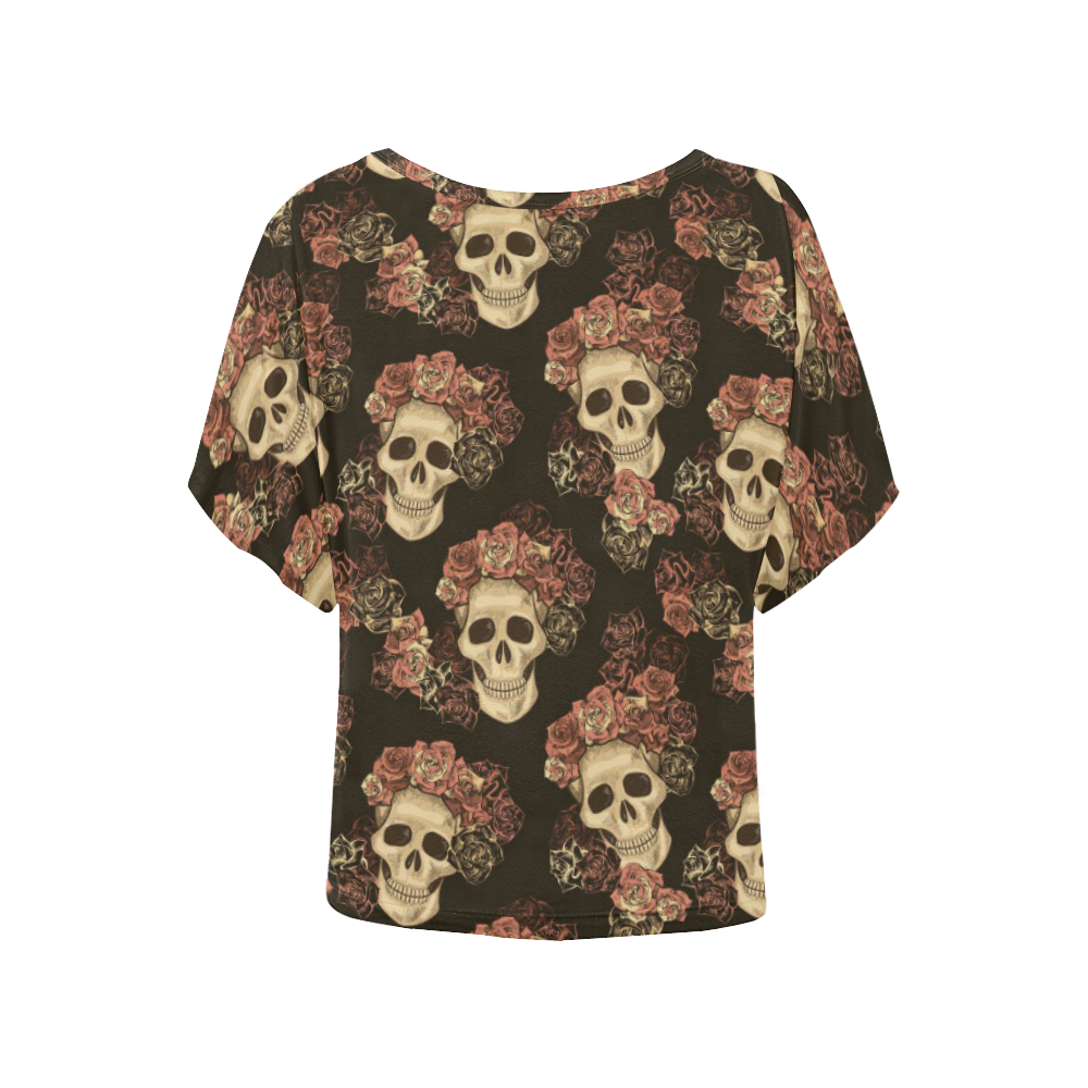 Skull and Rose Pattern Women's Batwing-Sleeved Blouse T shirt (Model T44)