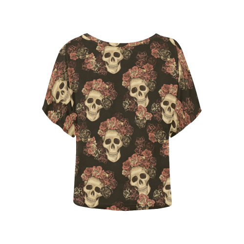 Skull and Rose Pattern Women's Batwing-Sleeved Blouse T shirt (Model T44)