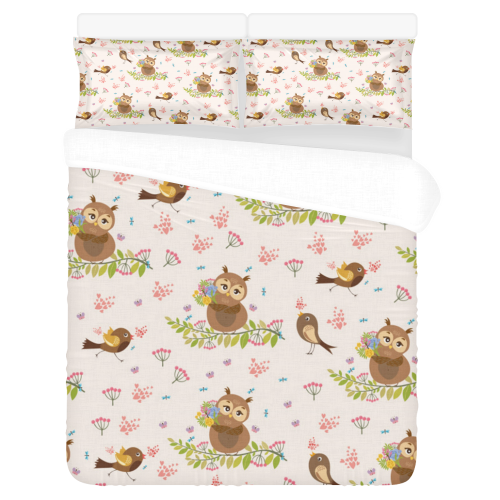 Owls And Song Birds Pattern 3-Piece Bedding Set