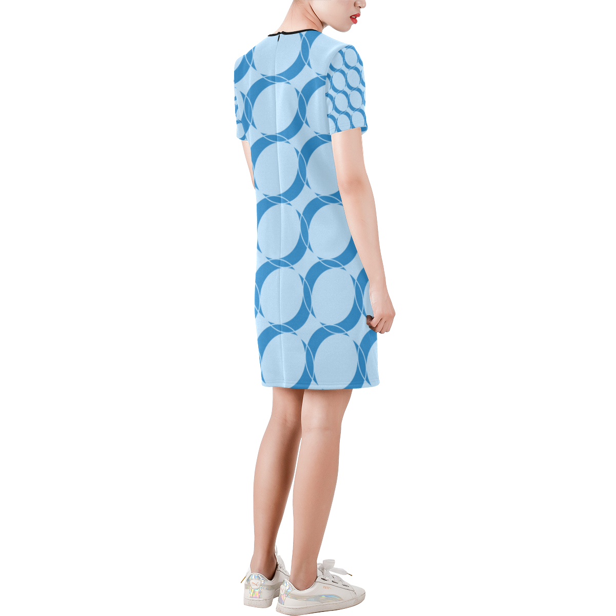 Abstract  pattern - blue. Short-Sleeve Round Neck A-Line Dress (Model D47)