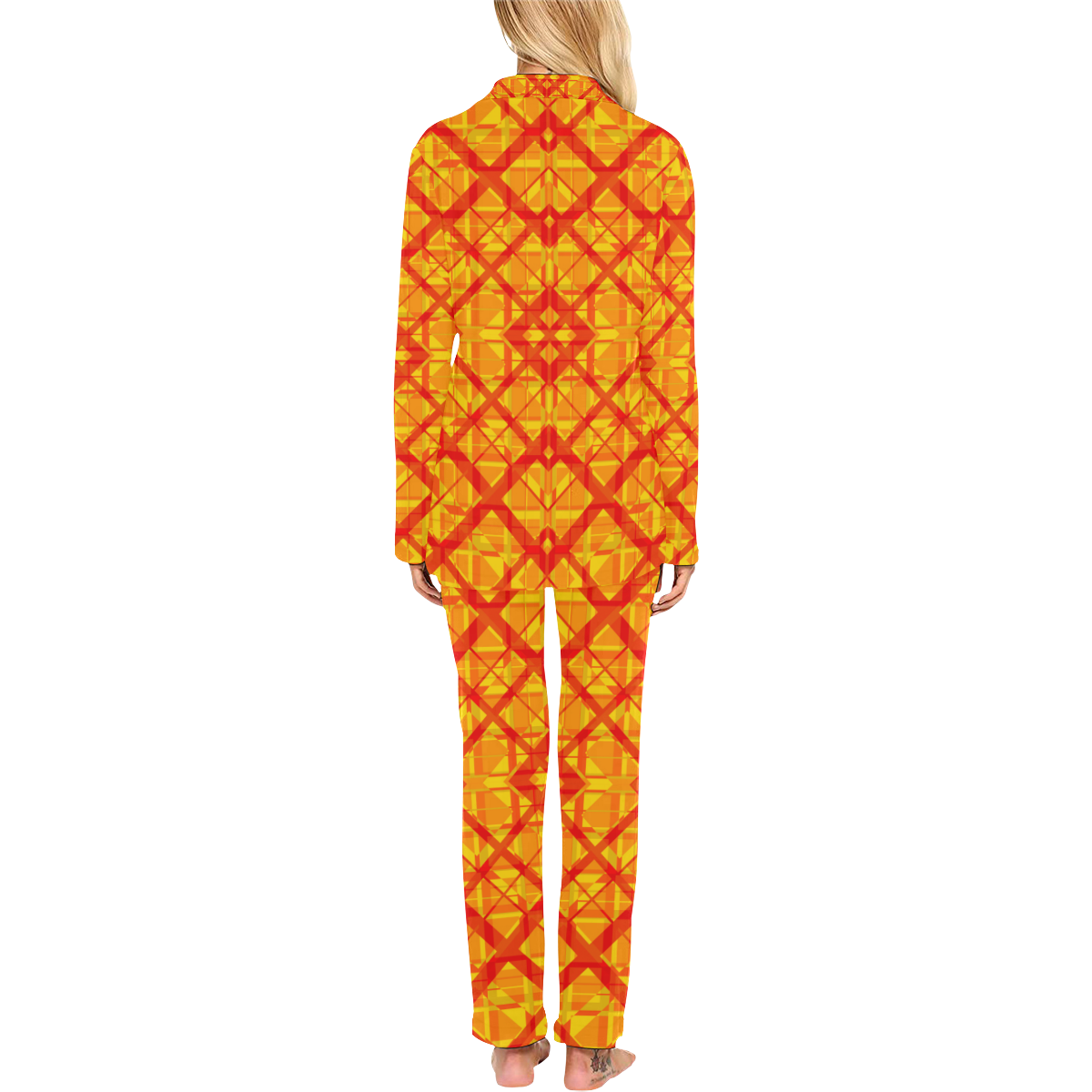 Fire Red and Yellow Plaid Pattern Women's Long Pajama Set