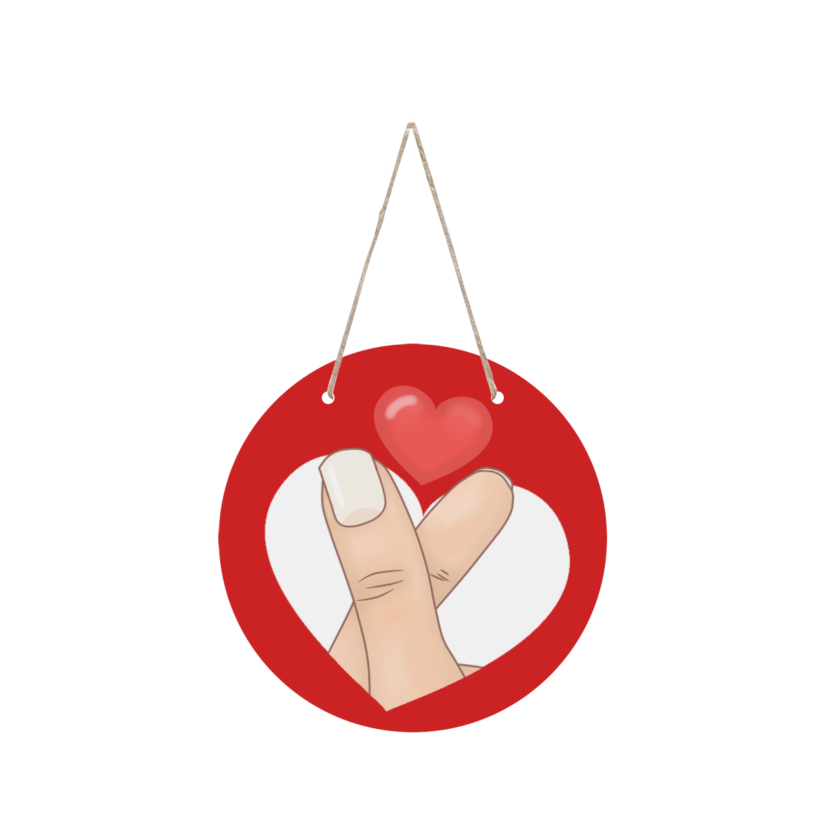 Finger Heart on Red Round Wood Door Hanging Sign