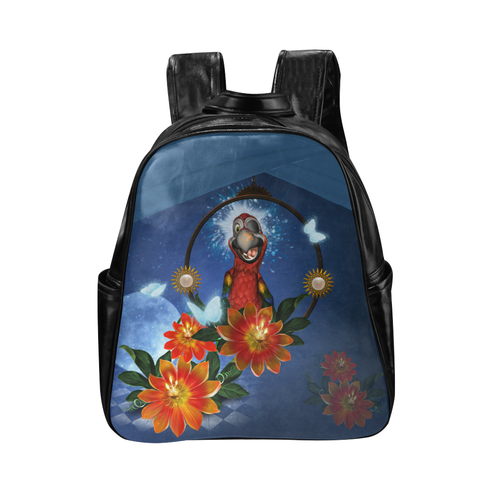 Funny parrot with flowers Multi-Pockets Backpack (Model 1636)