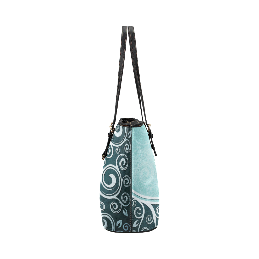 Abstract-Vintage-Floral-Blue Leather Tote Bag/Small (Model 1651)