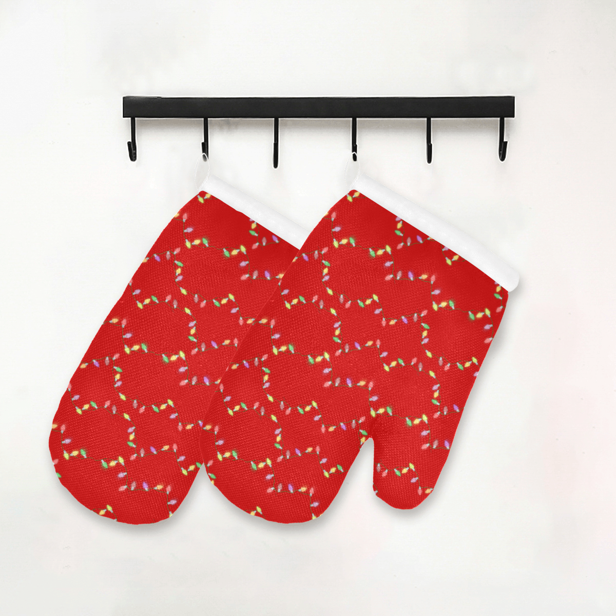 Festive Christmas Lights on Red Oven Mitt (Two Pieces)