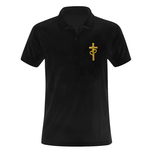 Christian Symbols Golden Cross with 2 Hearts Men's Polo Shirt (Model T24)