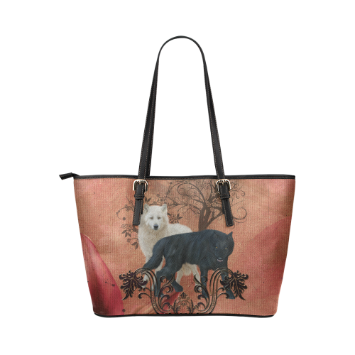 Awesome black and white wolf Leather Tote Bag/Large (Model 1651)