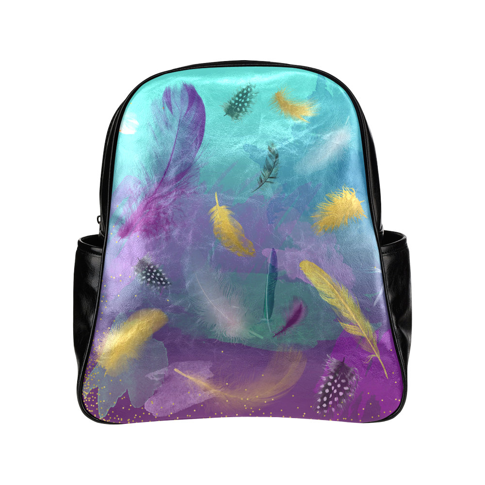 Dancing Feathers - Turquoise and Purple Multi-Pockets Backpack (Model 1636)