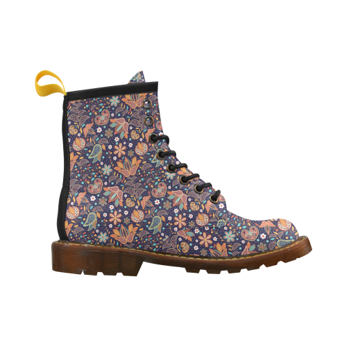 Floral Paisley Pattern - Navy High Grade PU Leather Martin Boots For Women Model 402H