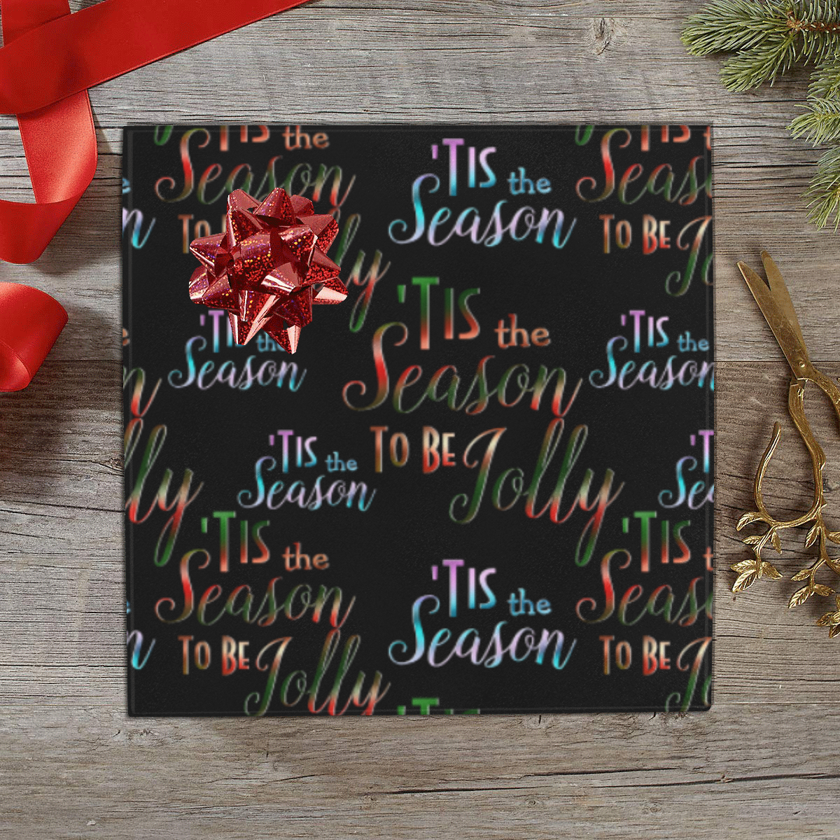 Christmas Tis The Season Pattern on Black Gift Wrapping Paper 58"x 23" (3 Rolls)