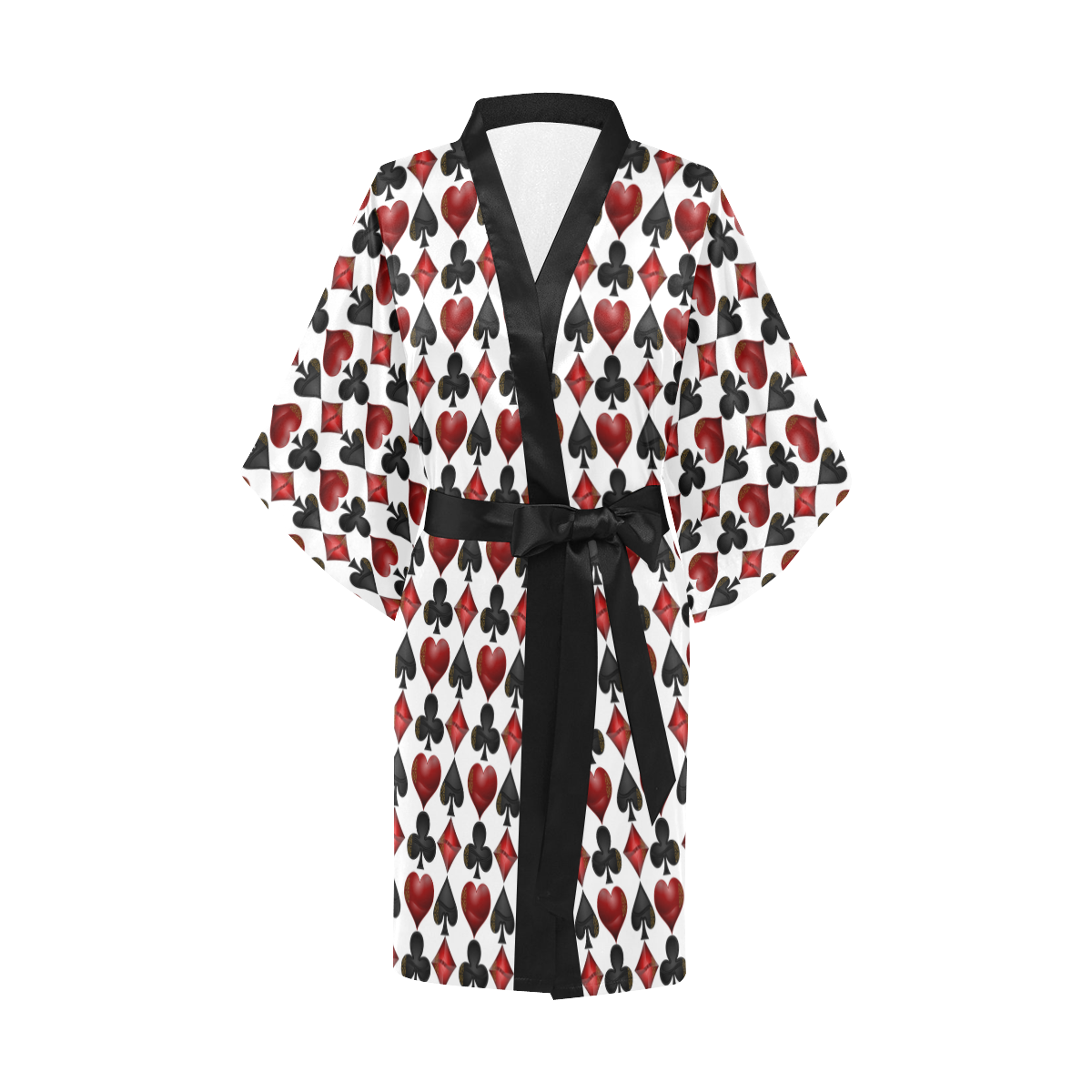 Las Vegas Black and Red Casino Poker Card Shapes on White Kimono Robe