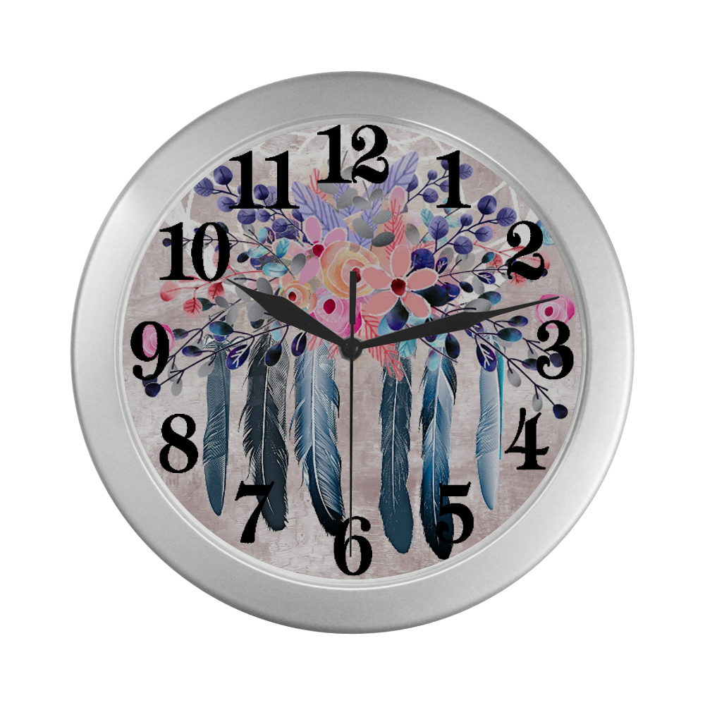 Pink floral dreamcatcher Silver Color Wall Clock