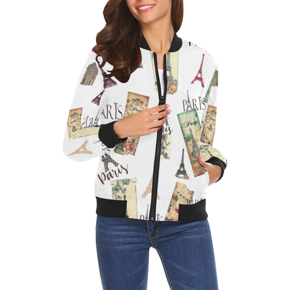 Paris Stickers All Over Print Bomber Jacket for Women (Model H19)