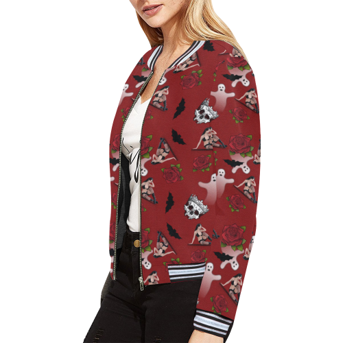 gothic woman rose bats pattern red All Over Print Bomber Jacket for Women (Model H21)