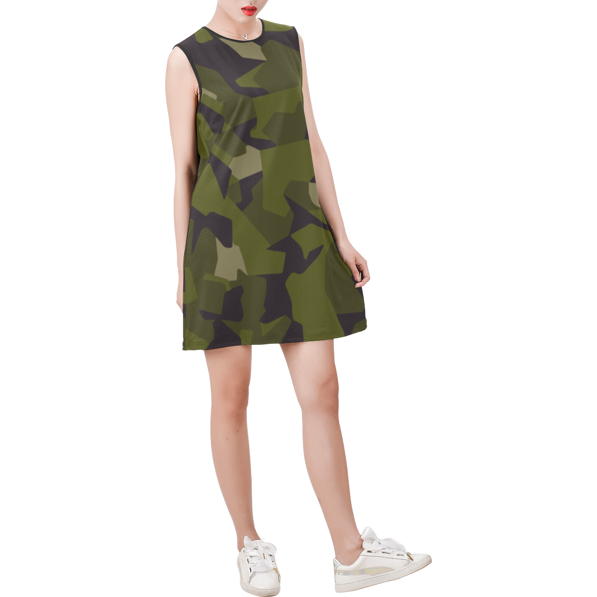 Swedish M90 woodland camouflage Sleeveless Round Neck Shift Dress (Model D51)