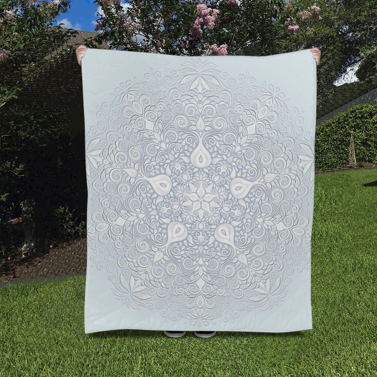 White and Blue Watercolor Mandala Pattern Quilt 50"x60"