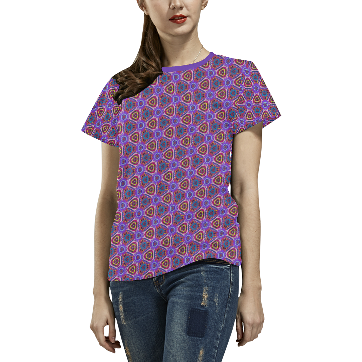 Purple Doodles - Hidden Smiles All Over Print T-shirt for Women/Large Size (USA Size) (Model T40)