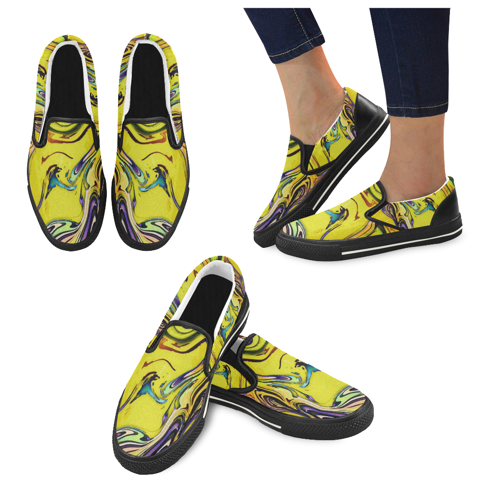 Yellow marble Women's Slip-on Canvas Shoes/Large Size (Model 019)