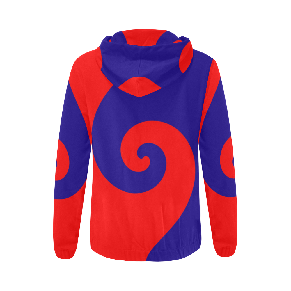 Mod Hippie Red and Blue Curlicue Swirls All Over Print Full Zip Hoodie for Women (Model H14)