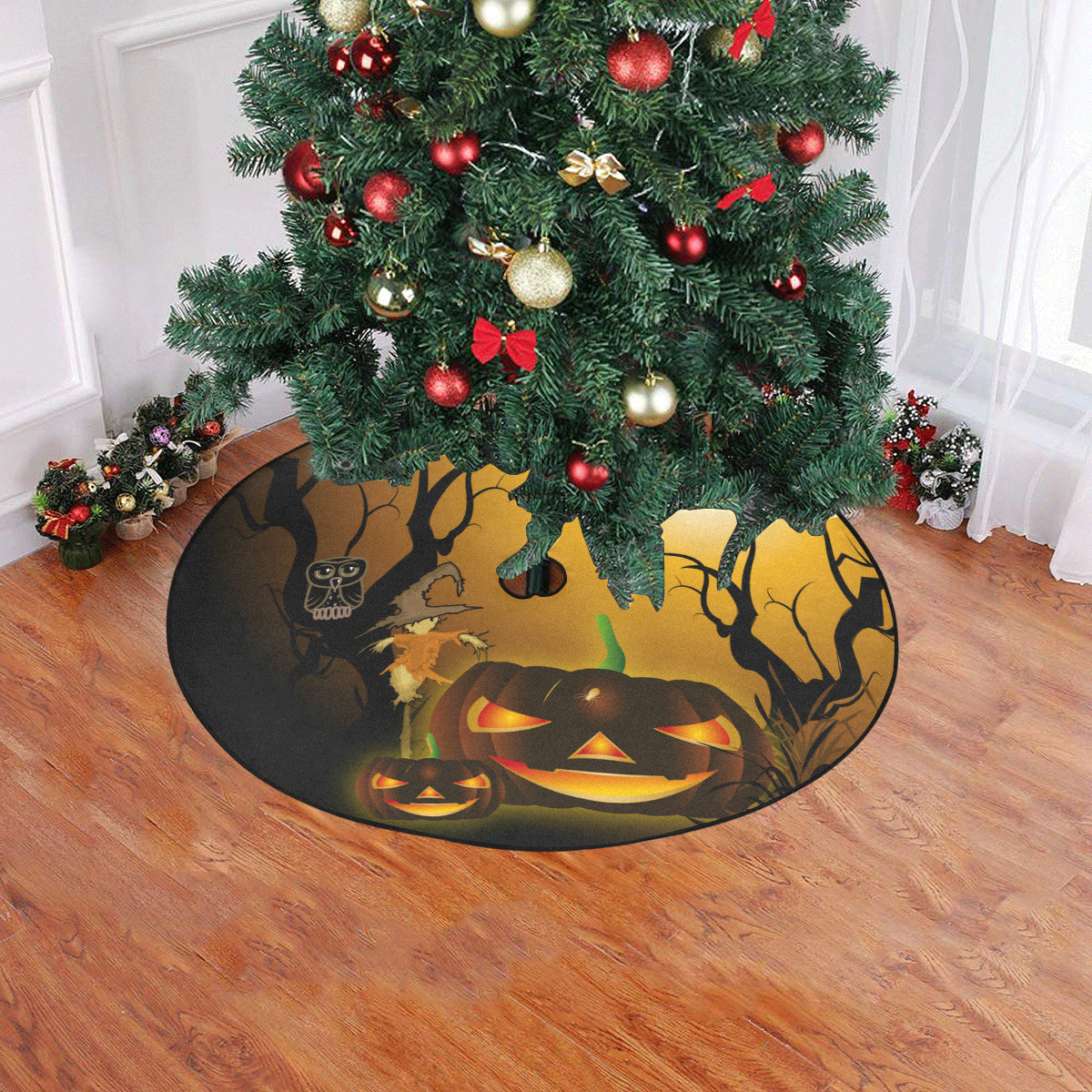 Halloween, Funny scarecrow with punpkin Christmas Tree Skirt 47" x 47"