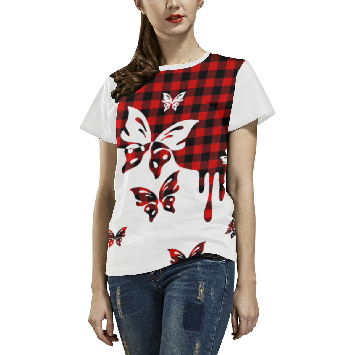 LUMBERJACK Squares Fabric - red black All Over Print T-shirt for Women/Large Size (USA Size) (Model T40)