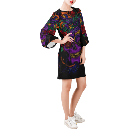 Funny Funky Sugar Skull Bell Sleeve Dress (Model D52)