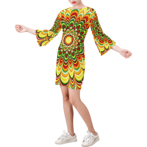 Colorful flower striped mandala 1st Version Bell Sleeve Dress (Model D52)
