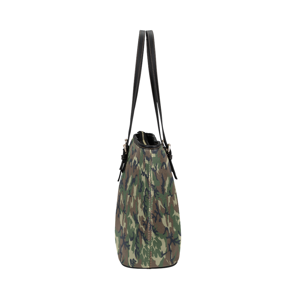 Woodland Forest Green Camouflage Leather Tote Bag/Large (Model 1651)