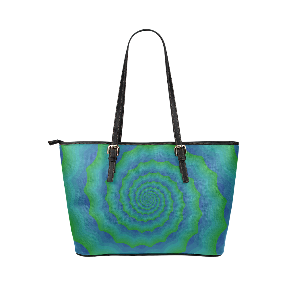 Green blue spiral shell Leather Tote Bag/Large (Model 1651)