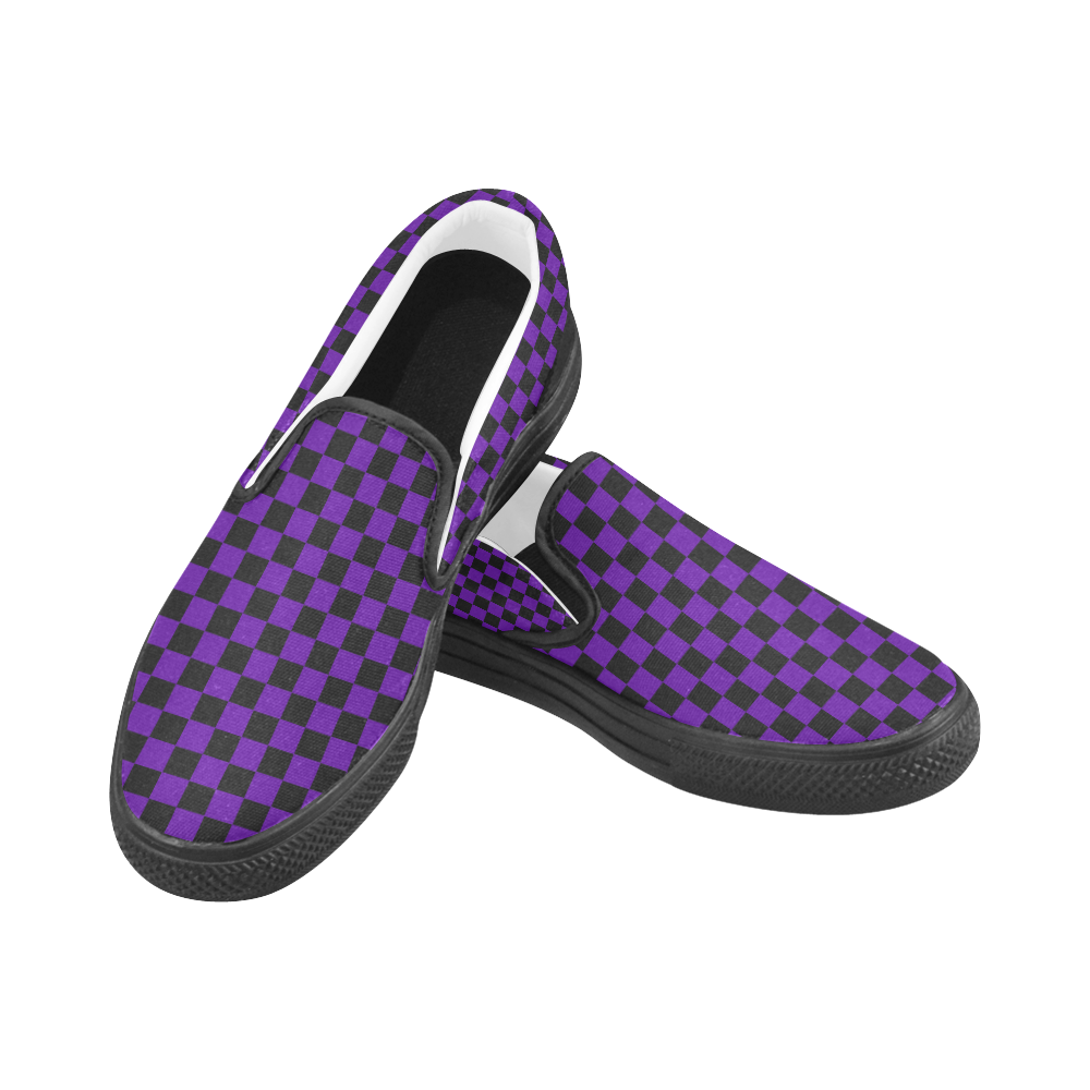 Checkerboard Black and Purple Women's Unusual Slip-on Canvas Shoes (Model 019)