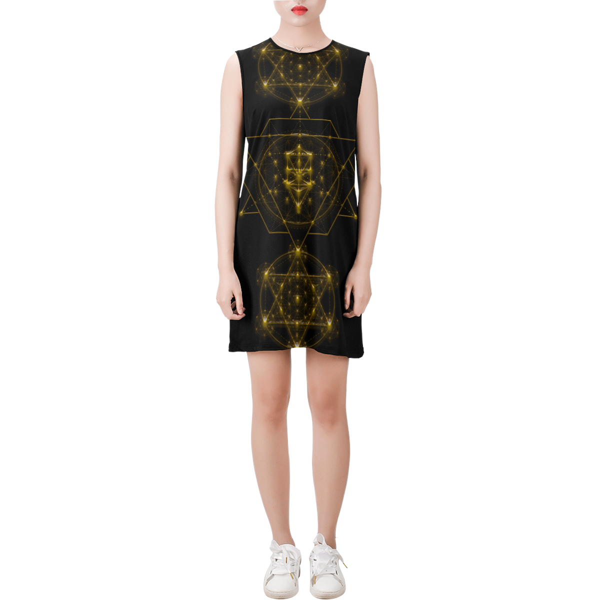 Sacred Geometry Sleeveless Round Neck Shift Dress (Model D51)