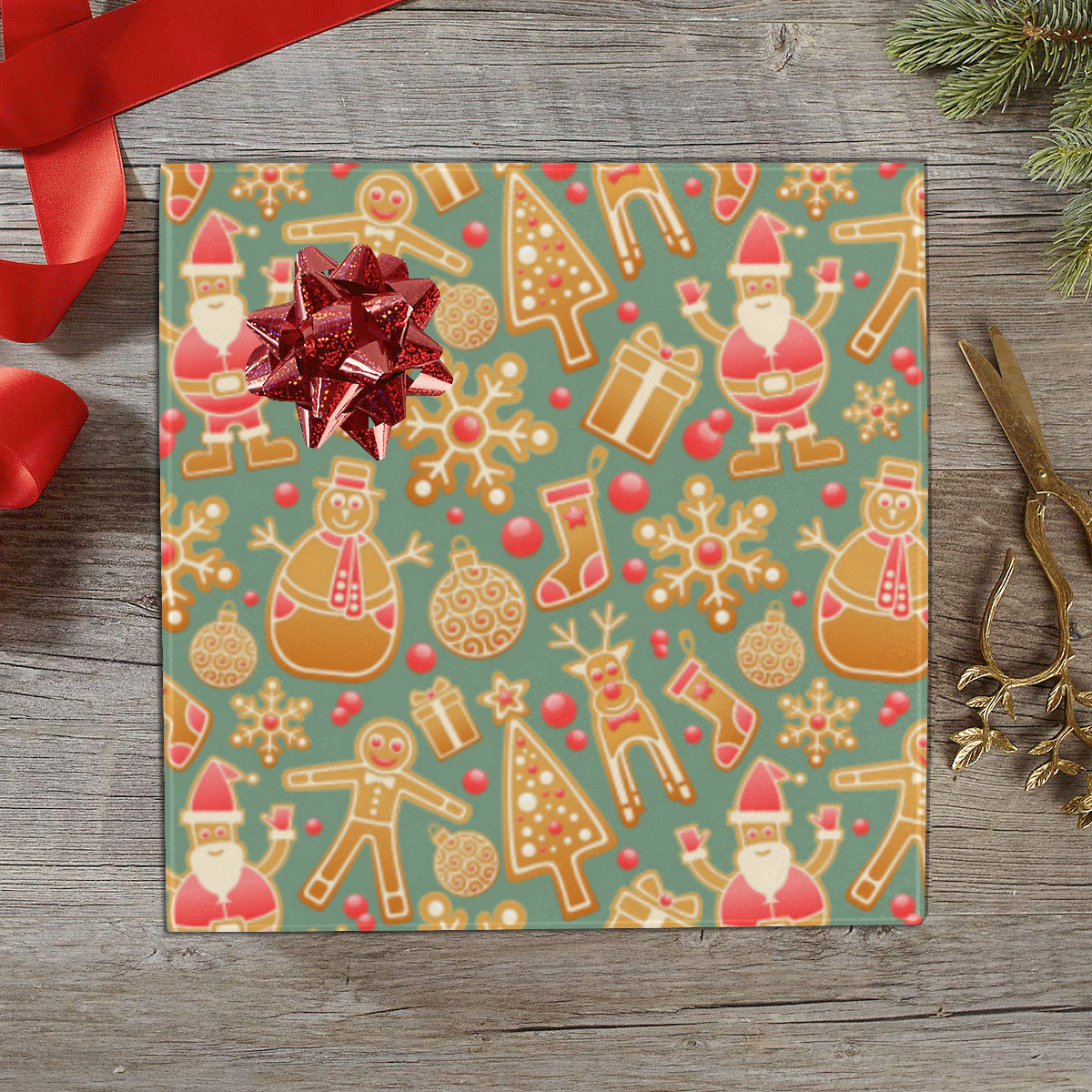 Christmas Gingerbread Icons Pattern Gift Wrapping Paper 58"x 23" (2 Rolls)