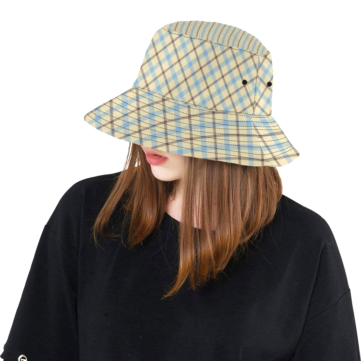 Plaid 2 plain tartan in cream, brown and blue All Over Print Bucket Hat