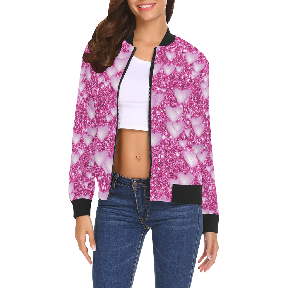 Hearts on Sparkling glitter print, pink All Over Print Bomber Jacket for Women (Model H19)