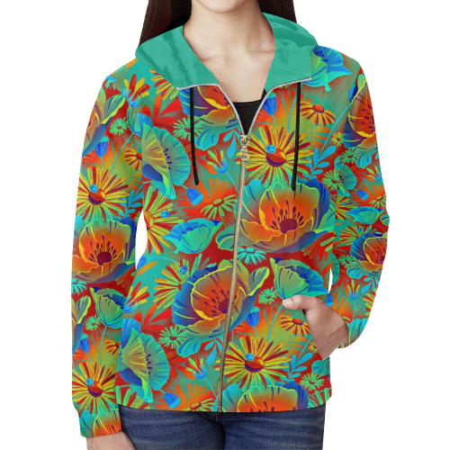 bright tropical floral All Over Print Full Zip Hoodie for Women (Model H14)