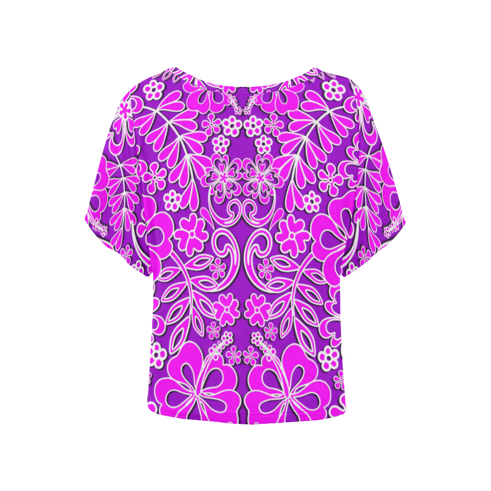 Hibiscus Pink and Purple Pattern Women's Batwing-Sleeved Blouse T shirt (Model T44)
