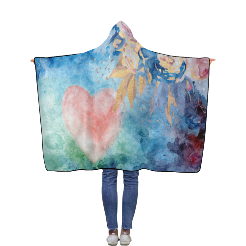 Heart and Flowers - Pink and Blue Flannel Hooded Blanket 40''x50''