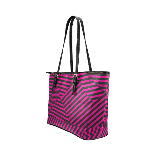 Hot Pink Black Stripes and Checkerboard Leather Tote Bag/Small (Model 1651)
