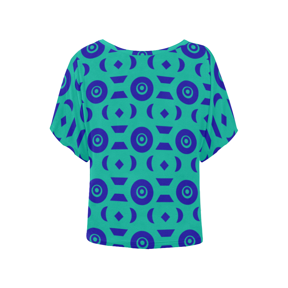 Blue Geometric Shapes in Turquoise Women's Batwing-Sleeved Blouse T shirt (Model T44)