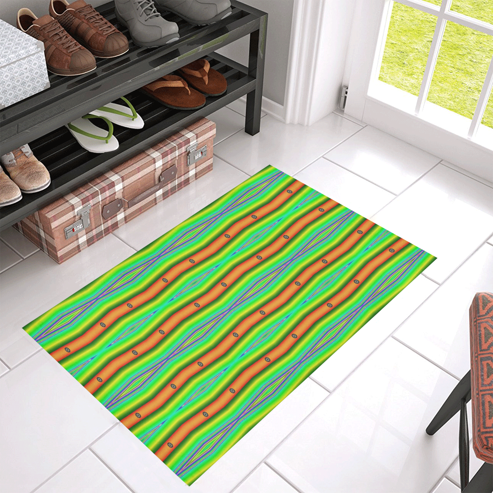 Bright Green Orange Stripes Pattern Abstract Azalea Doormat 30" x 18" (Sponge Material)