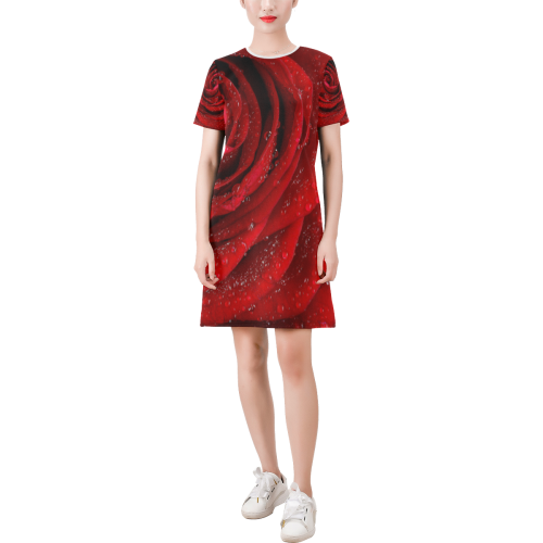 Red rosa Short-Sleeve Round Neck A-Line Dress (Model D47)