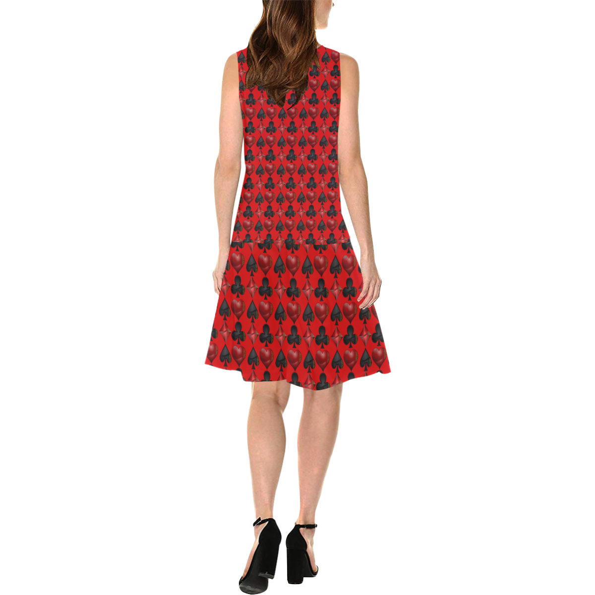 Las Vegas Black and Red Poker Casino Card Shapes on Red Sleeveless Splicing Shift Dress(Model D17)