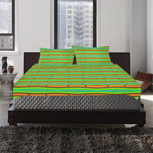 Bright Green Orange Stripes Pattern Abstract 3-Piece Bedding Set