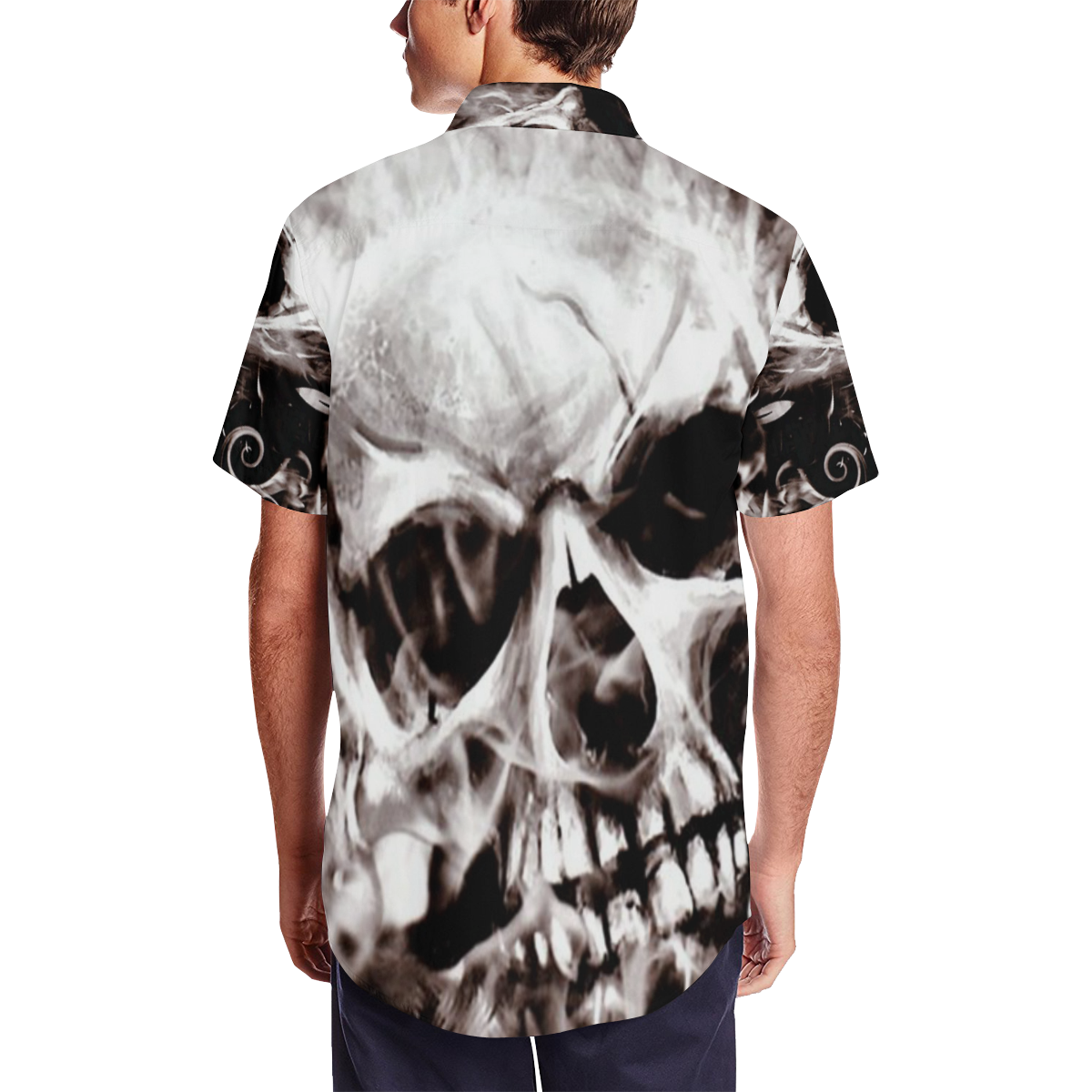 Gothic Skulls Satin Dress Shirt Men's Short Sleeve Shirt with Lapel Collar (Model T54)