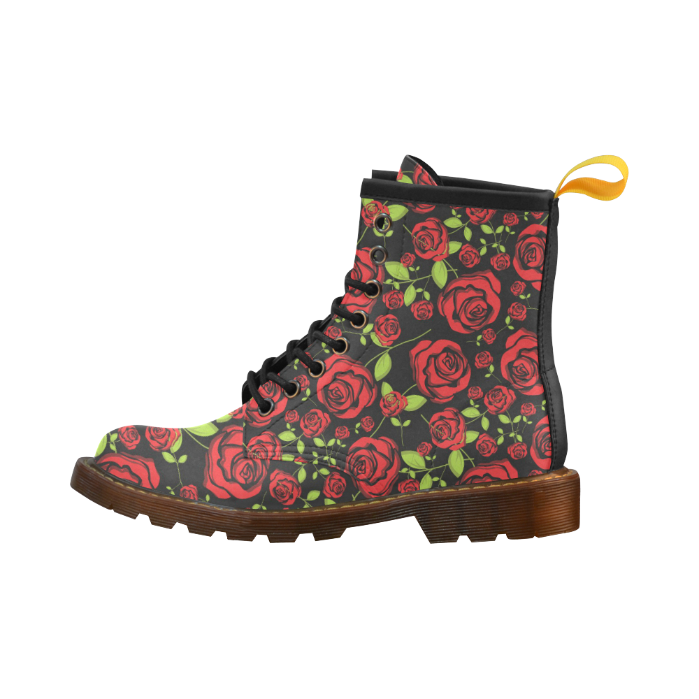 Red Roses on Black High Grade PU Leather Martin Boots For Women Model 402H